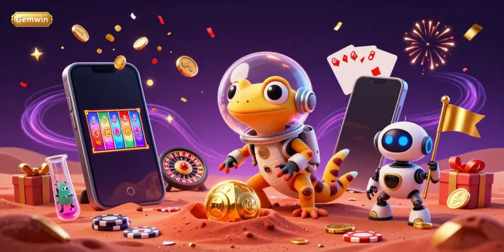 Join the Martian gecko on a Gemwin casino adventure with colorful slot games, coins, and exciting confetti.