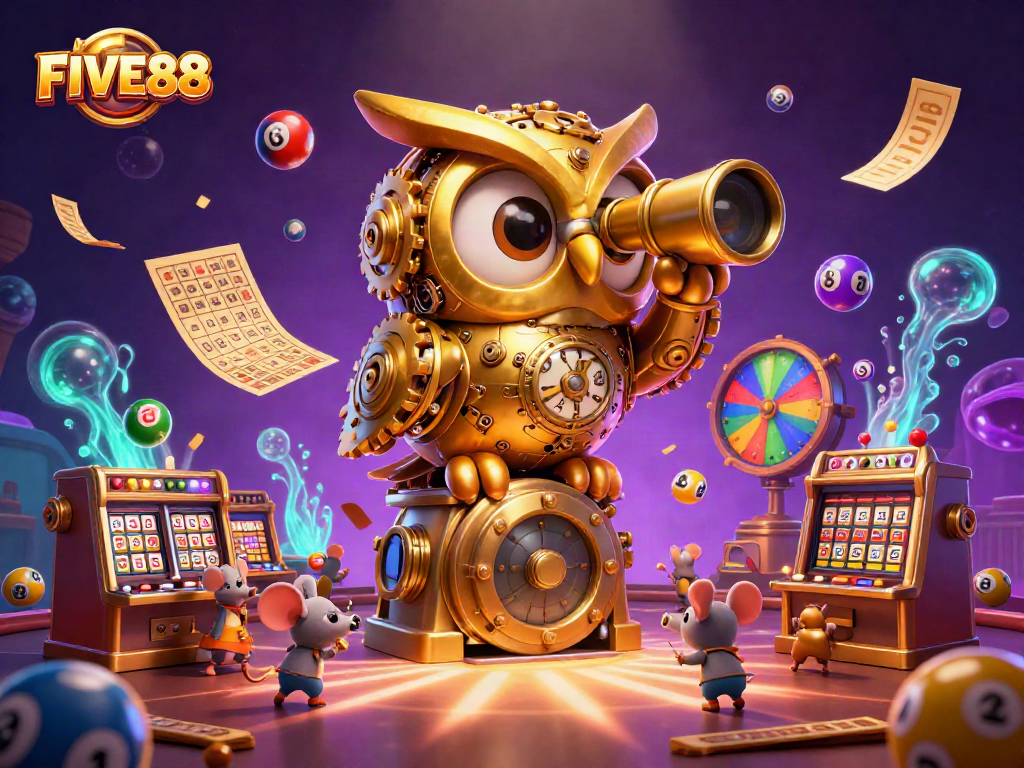 Engage with the vibrant FIVE88 casino scene featuring a golden owl and lively gaming elements.