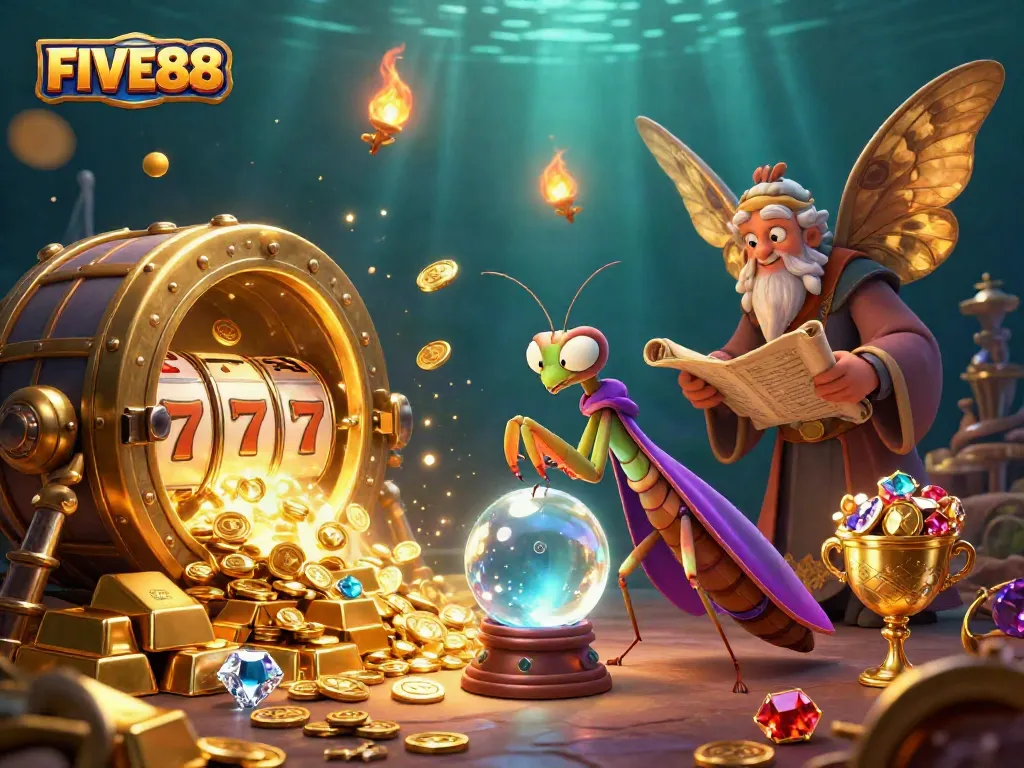 Experience excitement with FIVE88's slots and treasures through enchanting 3D scene.