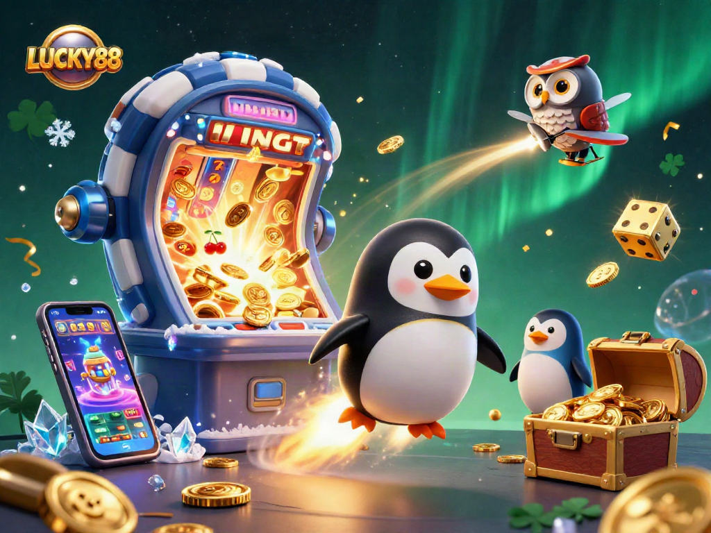 Spin to win with LUCKY88 as the golden penguin blasts off towards a jackpot space casino