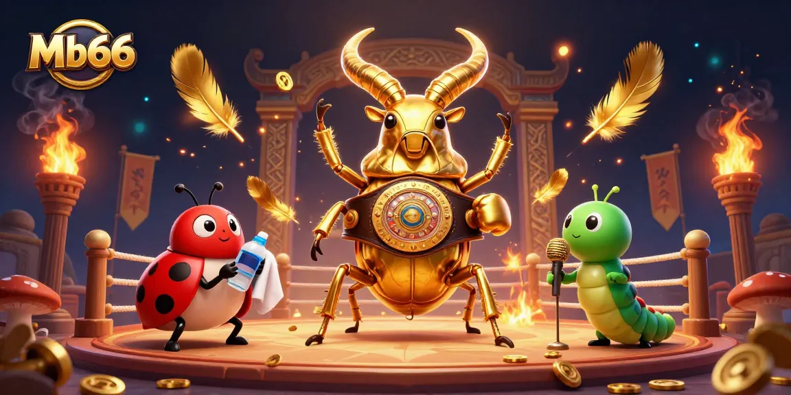 Engage in the vibrant world of Mb66, with a dynamic cartoon scene of a golden stag beetle champion and exciting casino elements.