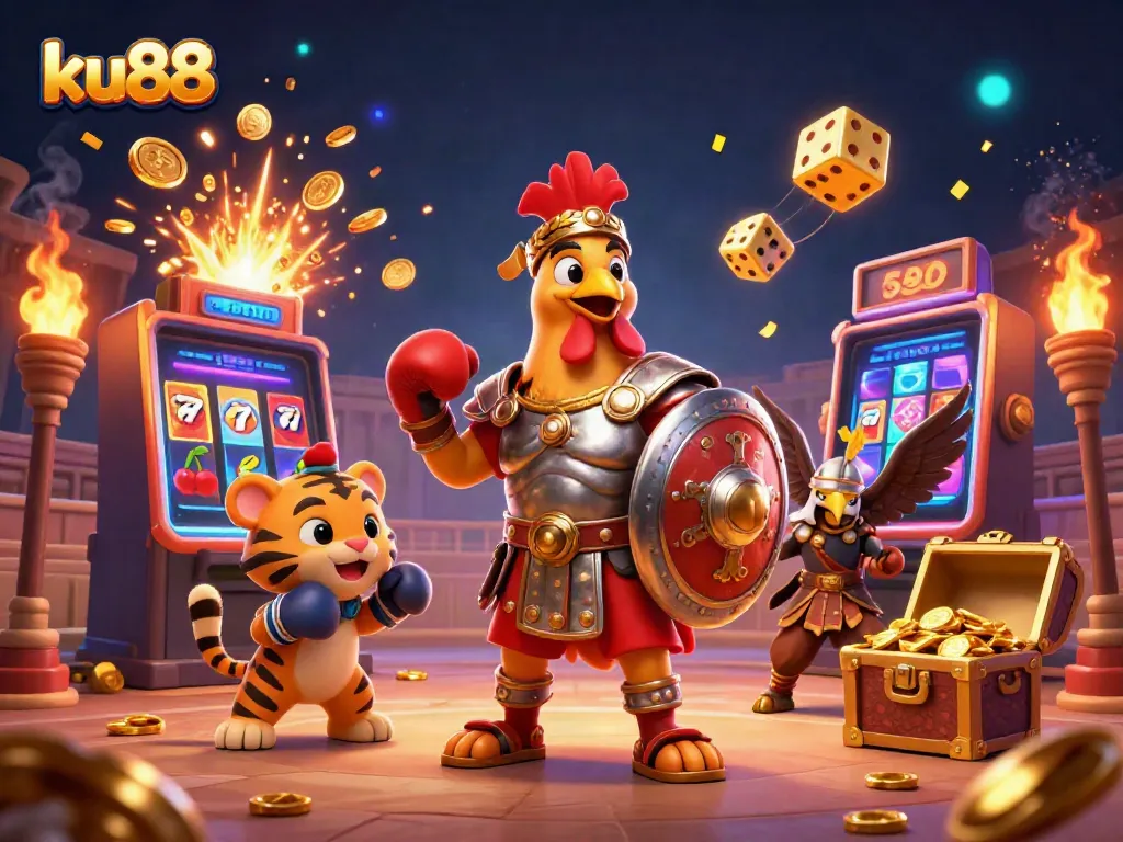 Experience the thrill of ku88 with gladiator rooster and exciting casino elements in this vibrant scene.