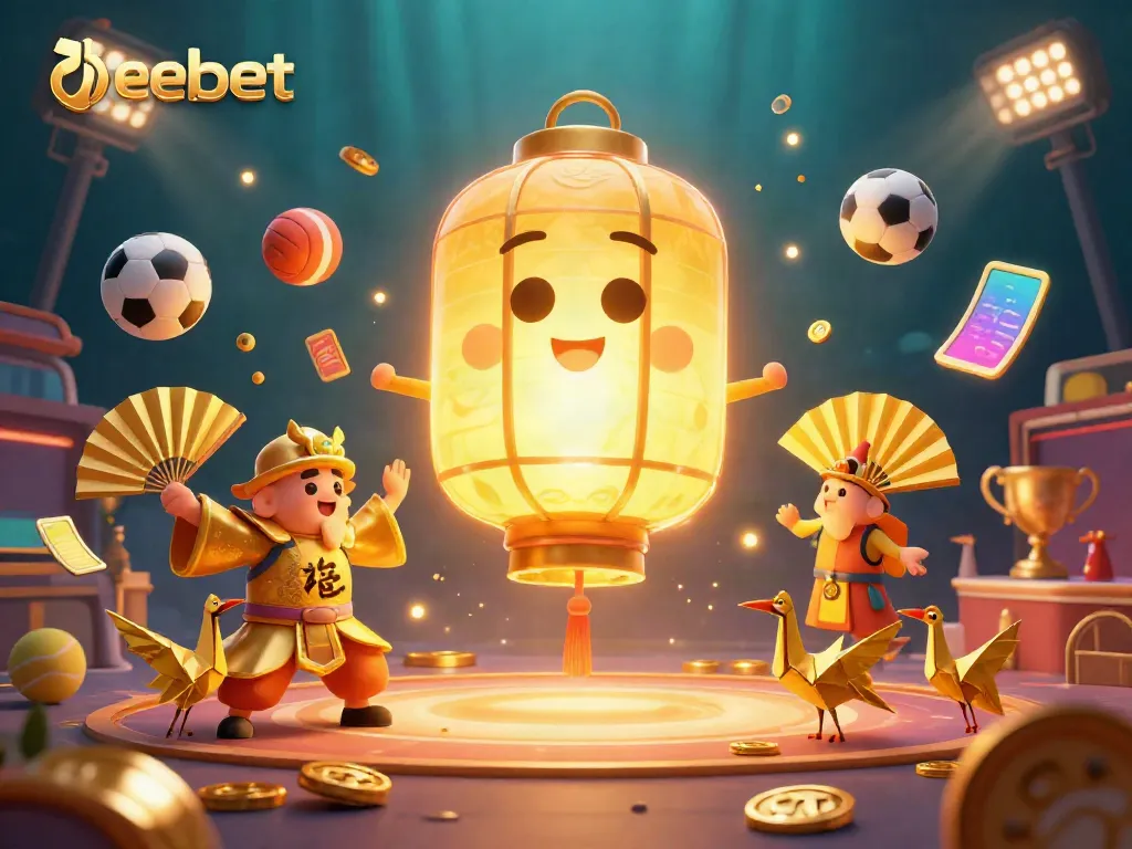 Experience exhilarating bets at debet with a golden lantern spirit and dynamic sports elements in a vibrant casino.