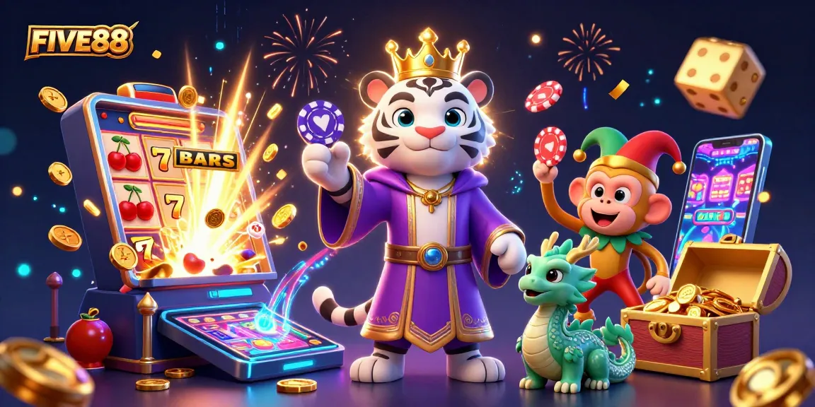 Experience the excitement of gambling with FIVE88's vibrant illustration showcasing dynamic casino elements.