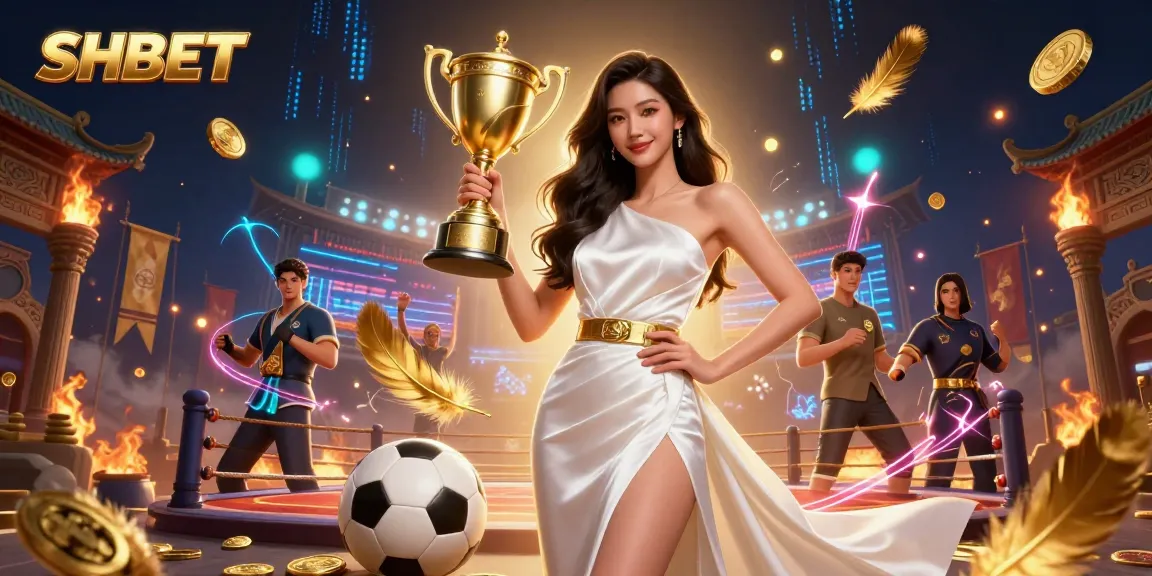 Engage with the thrilling SHBET casino experience featuring a confident winner and dynamic sports betting elements.