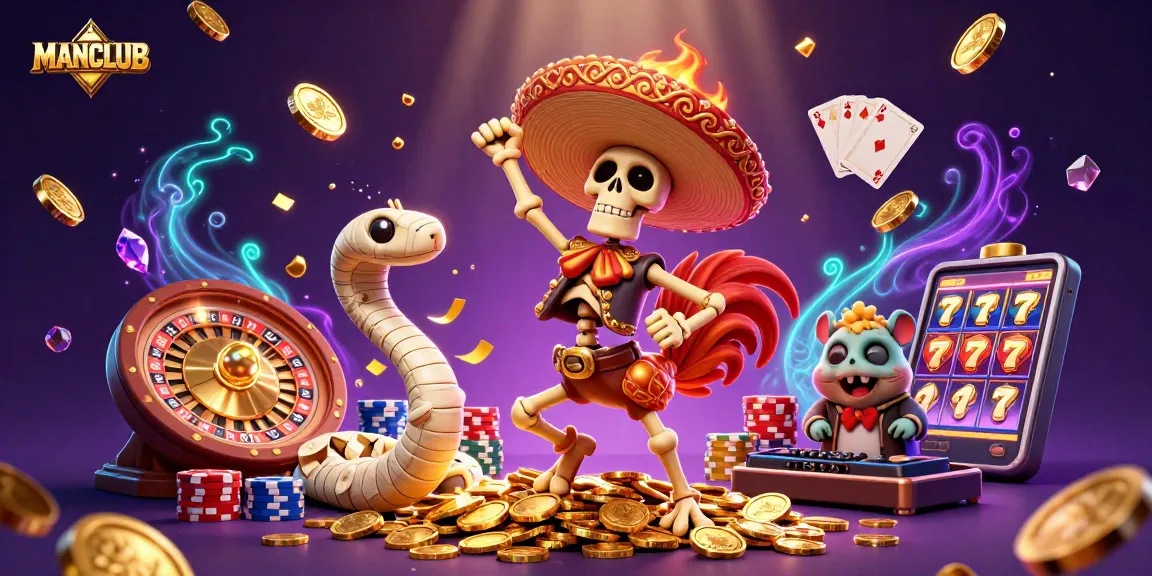 Experience winning moments at MANCLUB with casino excitement, including coins, roulette, and lively characters.