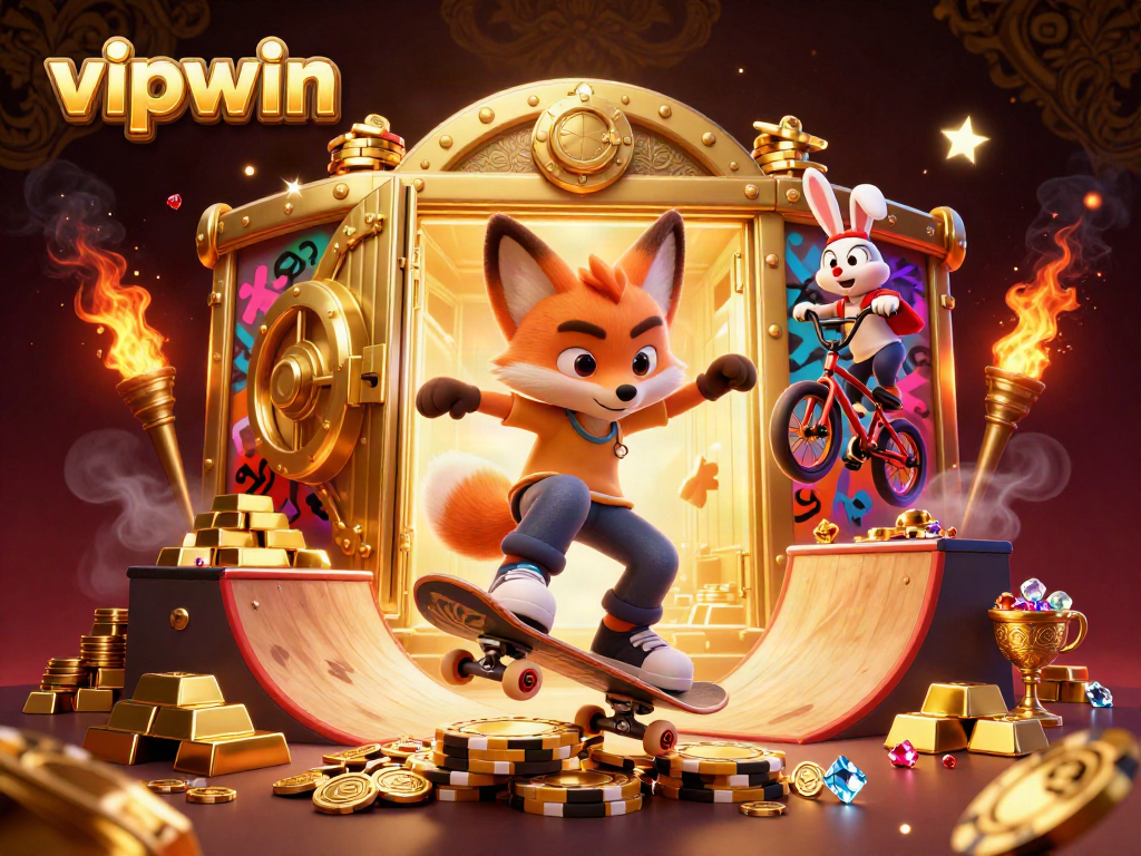Experience the excitement of vipwin with playful casino-themed characters in a vibrant, dynamic scene.