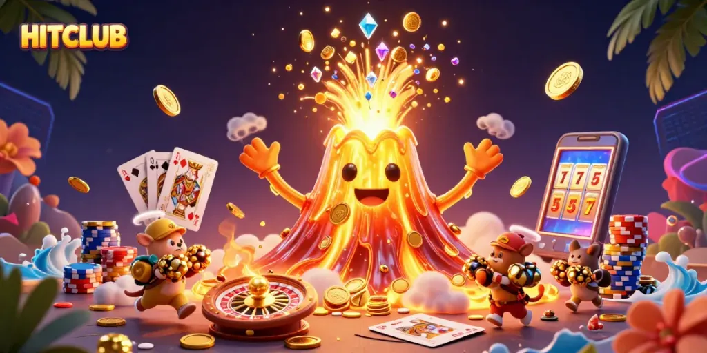 Join the excitement at HITCLUB with a vibrant eruption of coins, gems, and thrilling casino elements.