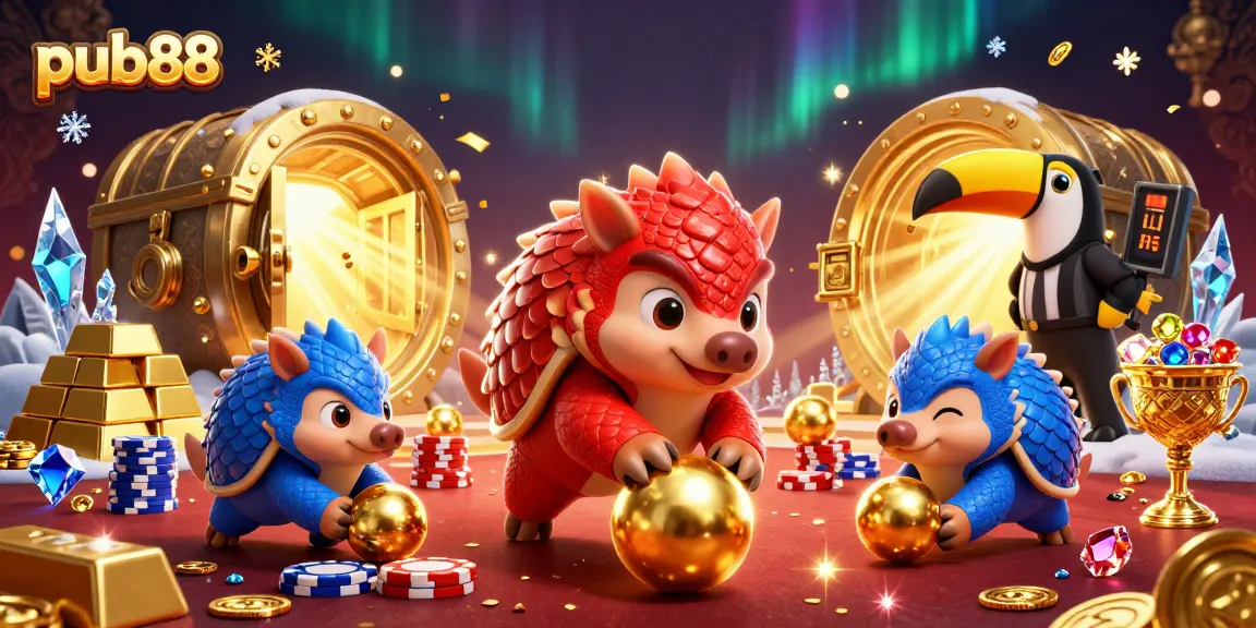Experience thrilling wins with pub88 in a vibrant 3D illustration featuring rival pangolins and casino treasures.