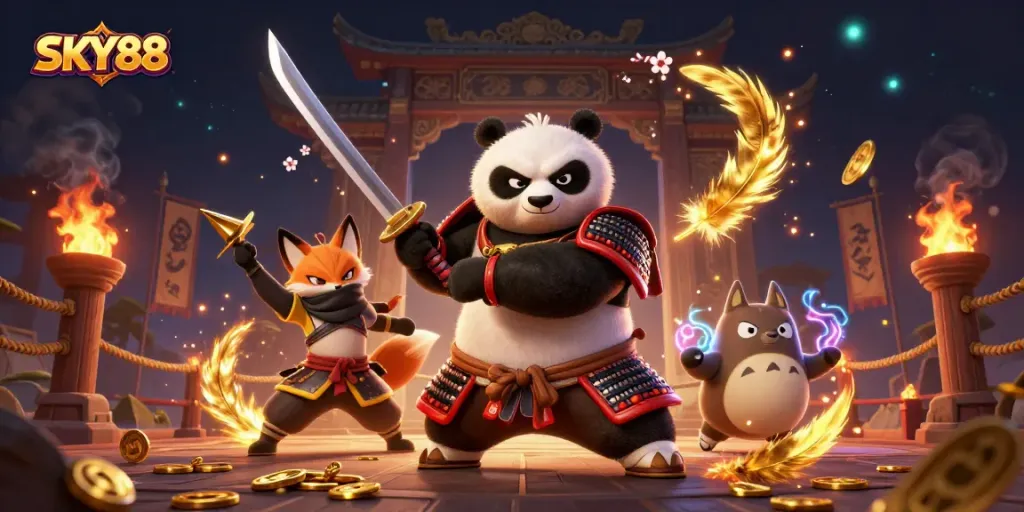 Engage in thrilling gaming adventures at SKY88 while a samurai panda prepares for battle.