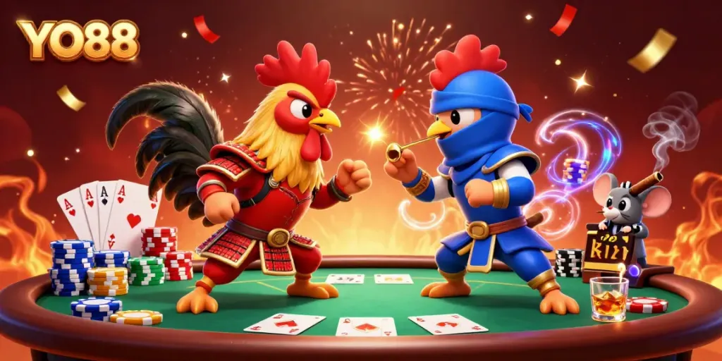 Experience thrilling moments at YO88 with fighting roosters, poker chips, and captivating games.