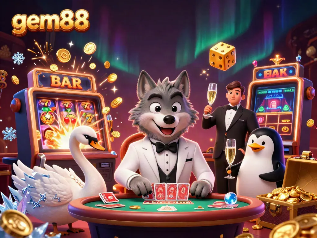 Experience the vibrant world of gem88 with a debonair wolf, an elegant swan, and a penguin sommelier in a dynamic casino setting.