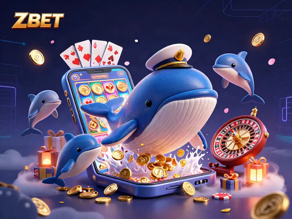 ZBET offers a vibrant 3D scene with a cartoon whale, narwhal, and dolphins, celebrating casino games.