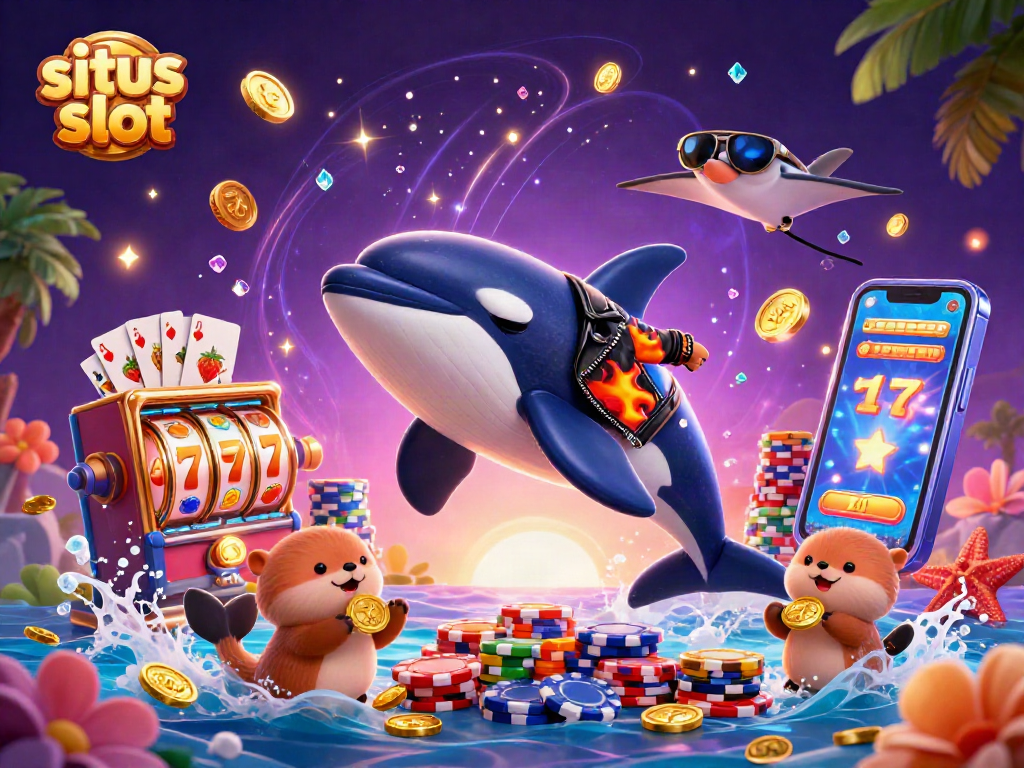 Situs slot features a vibrant scene with an orca whale, stingray, and otters enjoying casino elements.