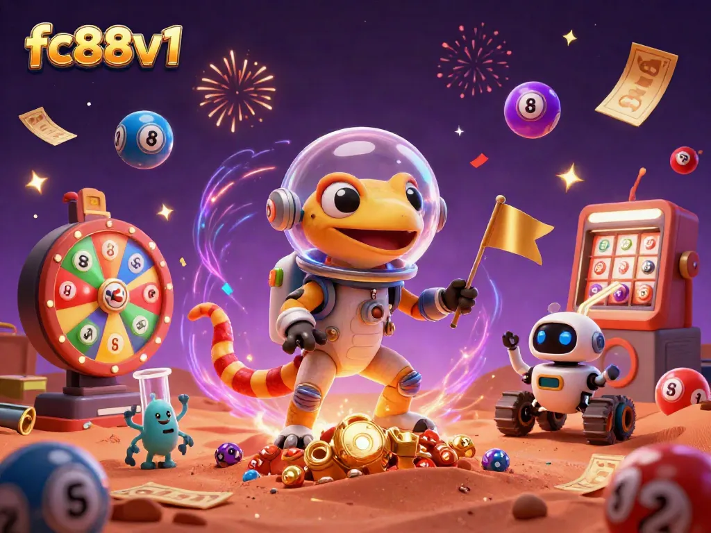 Watch the Martian gecko and robot uncover fc88v1's hidden casino treasures in this vibrant scene!