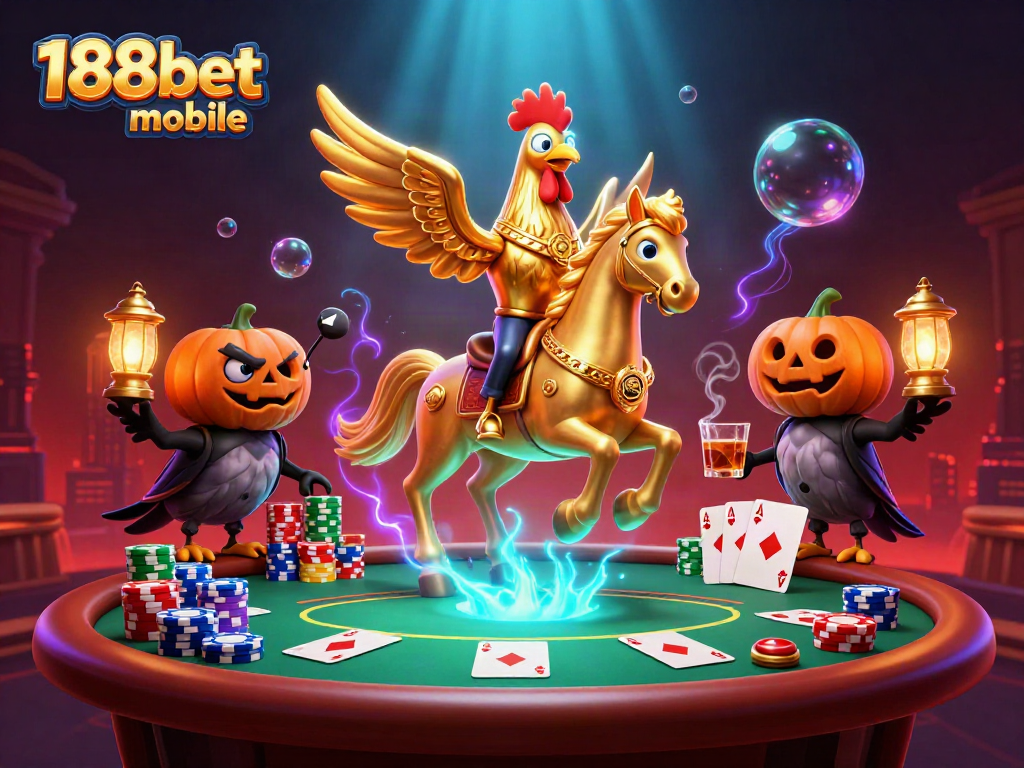 Engage with the exciting 188bet mobile experience as the golden rooster rides through a vibrant casino scene.