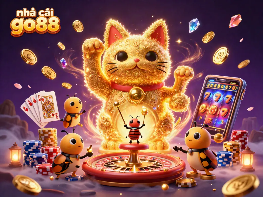 The scene showcases nhà cái go88's vibrant gaming essence with a lucky cat surrounded by casino symbols, coins, and colorful chips.