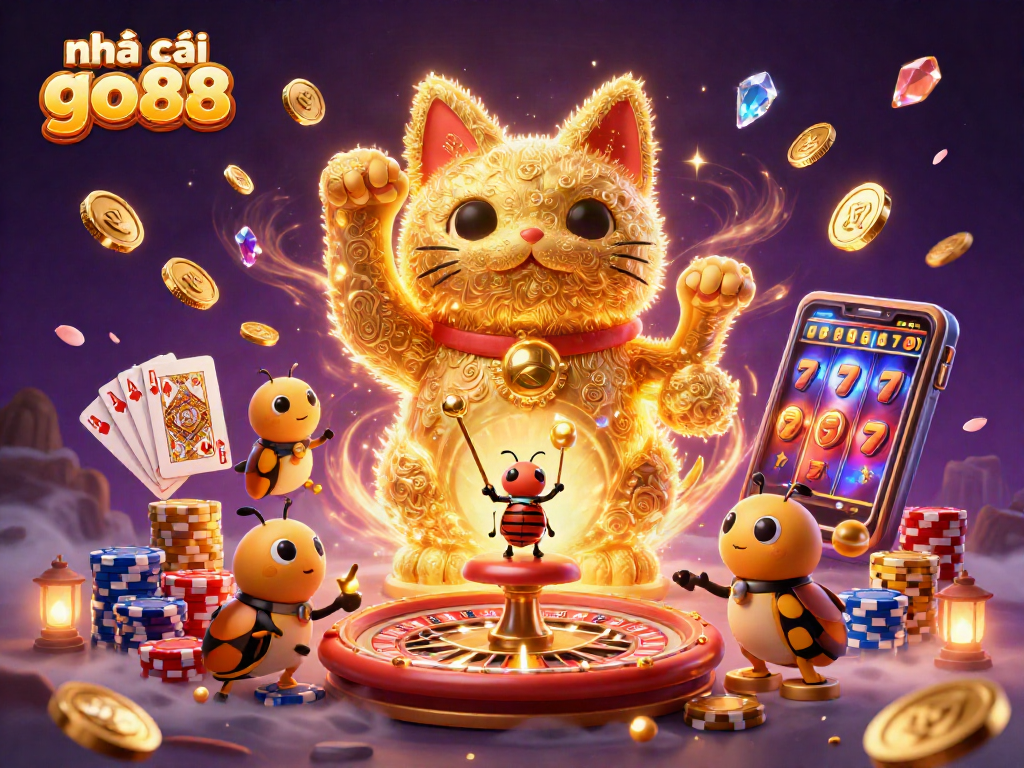 The scene showcases nhà cái go88's vibrant gaming essence with a lucky cat surrounded by casino symbols, coins, and colorful chips.