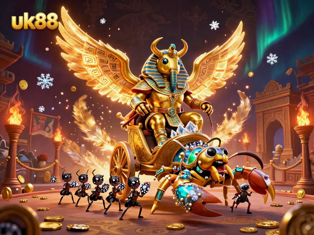 Experience thrilling gameplay at uk88 with a dynamic casino scene featuring a golden scarab beetle and rich elements.