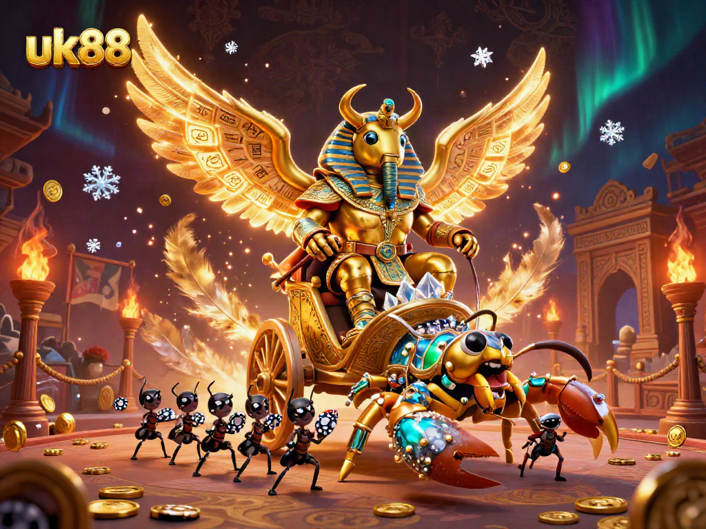 Experience thrilling gameplay at uk88 with a dynamic casino scene featuring a golden scarab beetle and rich elements.