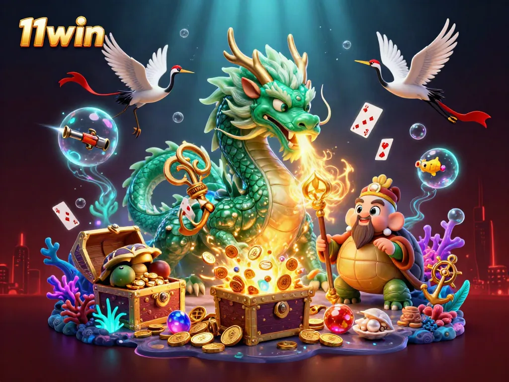 Experience thrilling gaming action with 11win, featuring a jade dragon, turtle sage, and lucky cranes.