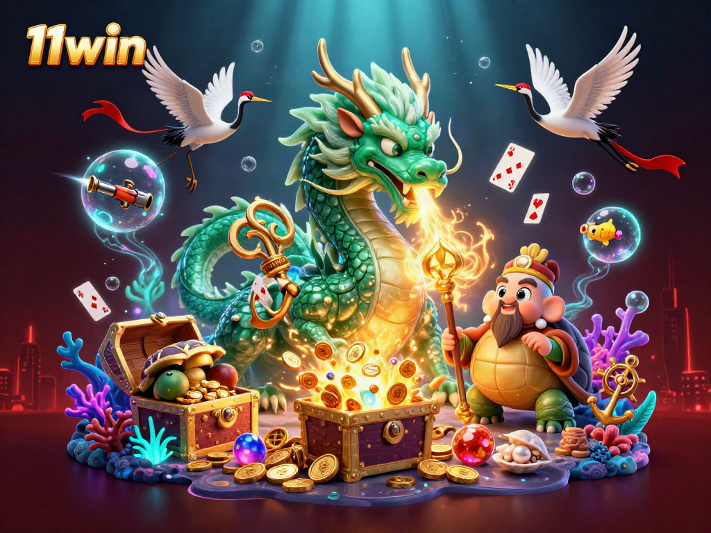 Experience thrilling gaming action with 11win, featuring a jade dragon, turtle sage, and lucky cranes.
