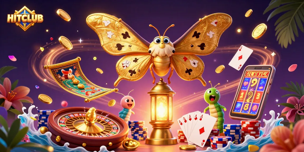 Experience the vibrant HITCLUB scene with golden coin cascades, roulette, and playing cards.