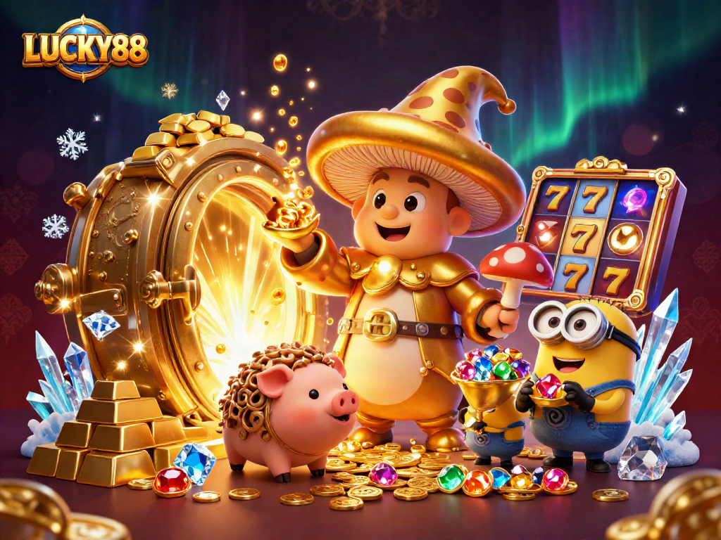 LUCKY88 slot theme illustration featuring a golden mushroom wizard and treasures in a dynamic casino scene.
