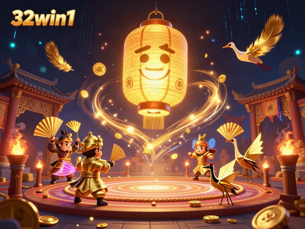 Immerse in 32win1's vibrant casino experience with a golden lantern spirit and warrior companions.