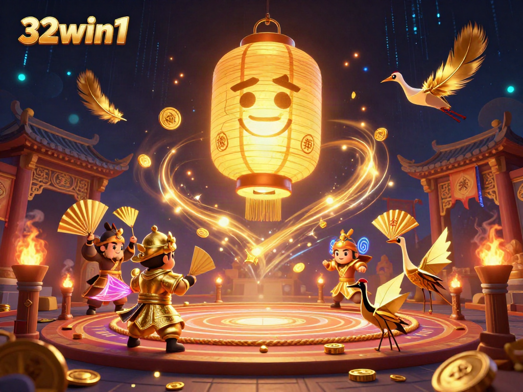 Immerse in 32win1's vibrant casino experience with a golden lantern spirit and warrior companions.