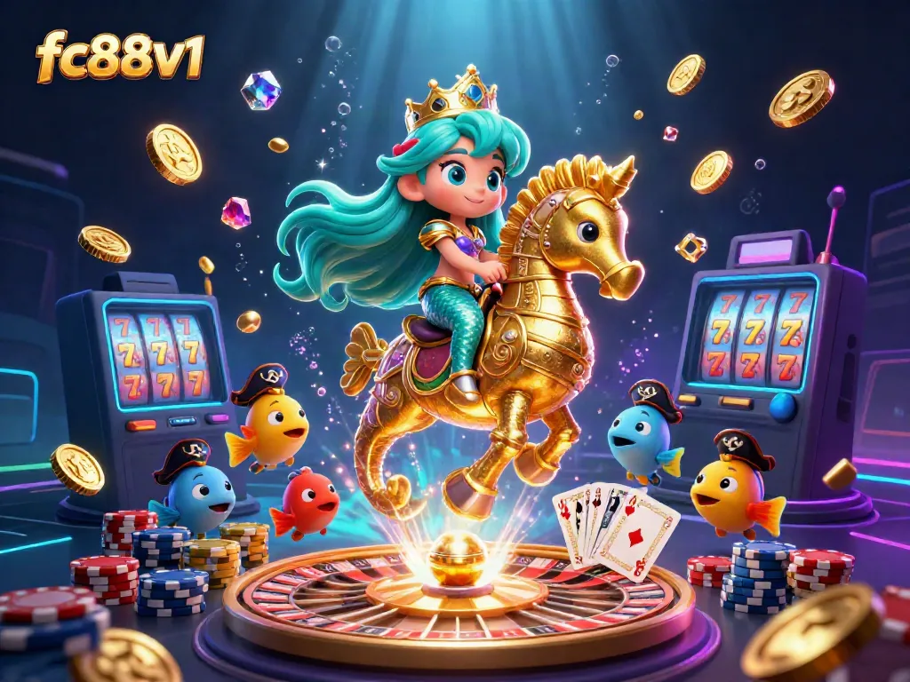 Win big with fc88v1 while riding the waves of casino excitement with vibrant slot reels and colorful characters.