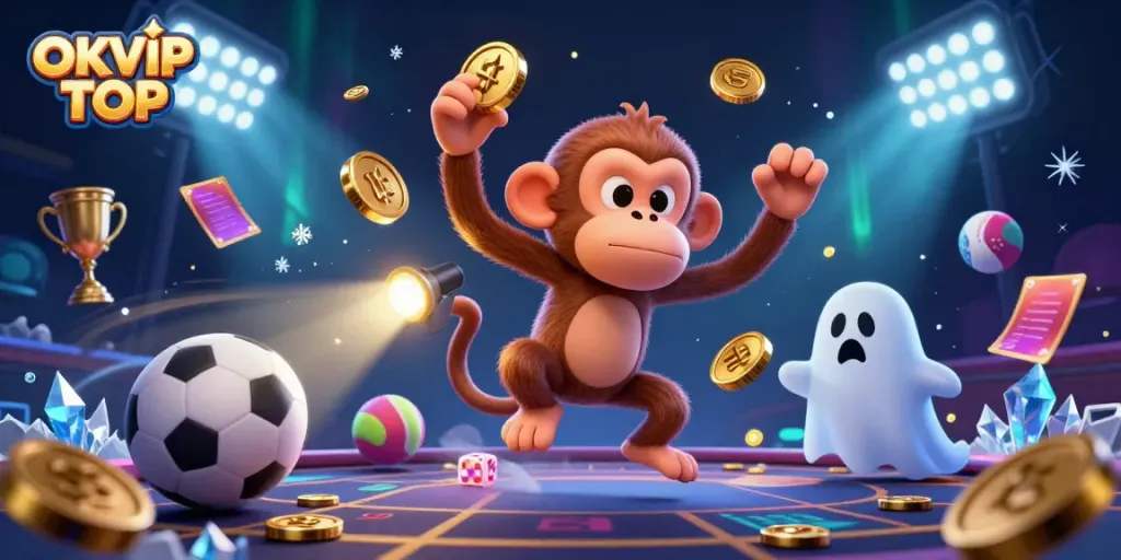 Engaging scene of playful poltergeist monkey juggling gold at OKVIP TOP casino, attracting the ghost-hunter puppy.