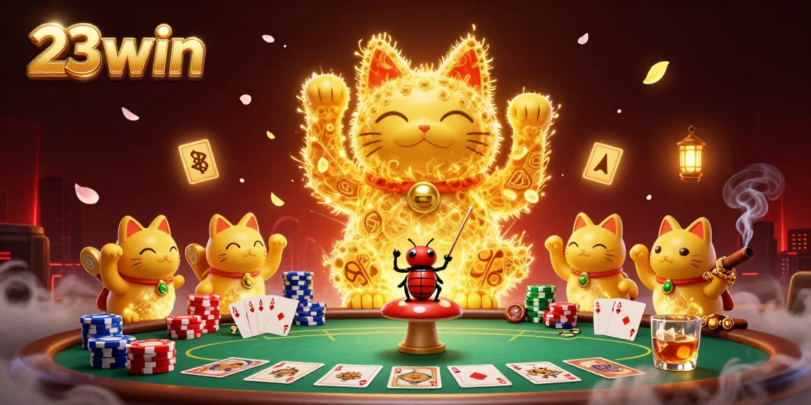 Winning big with 23win: vibrant casino scene featuring a giant lucky cat