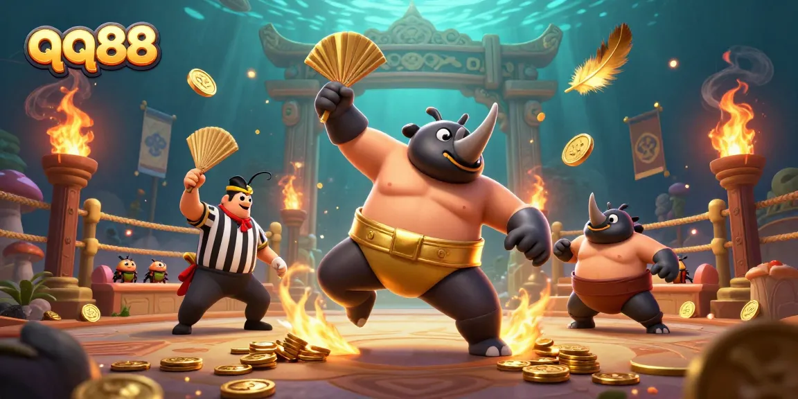 Engage with qq88: 3D illustration of a sumo champion beetle amidst a dynamic gambling arena.
