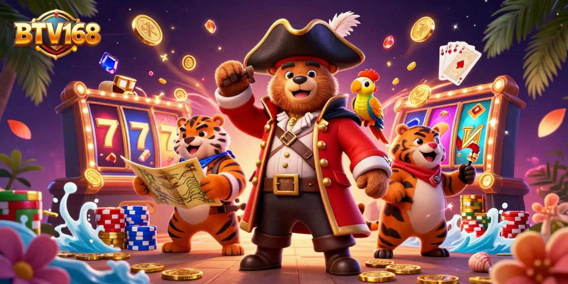 BTV168 slot game adventure with pirate bear, tiger, and golden treasures.