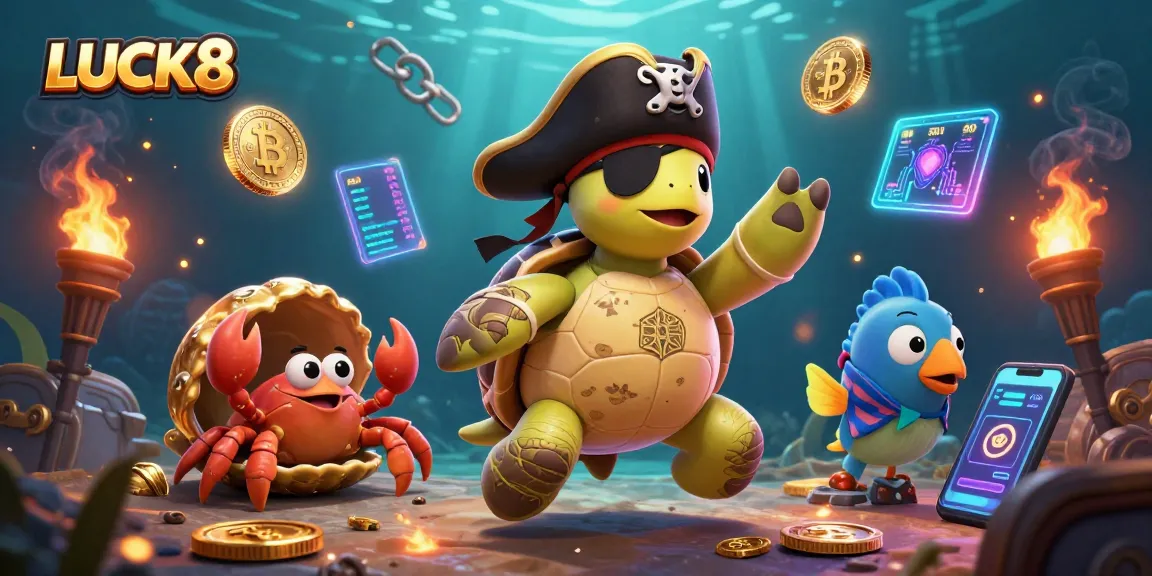 Experience LUCK8's vibrant gambling scene with pirate turtle and gold elements.