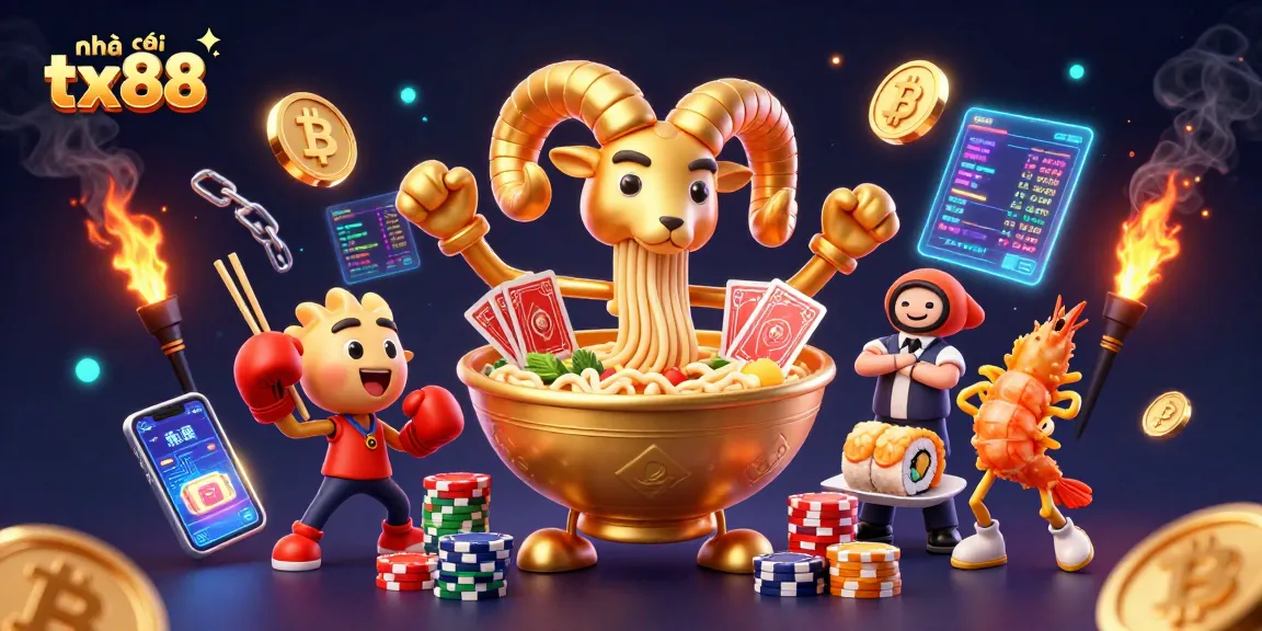 Engaging illustration of nhà cái tx88 featuring a giant ramen bowl with noodle arms and crypto elements